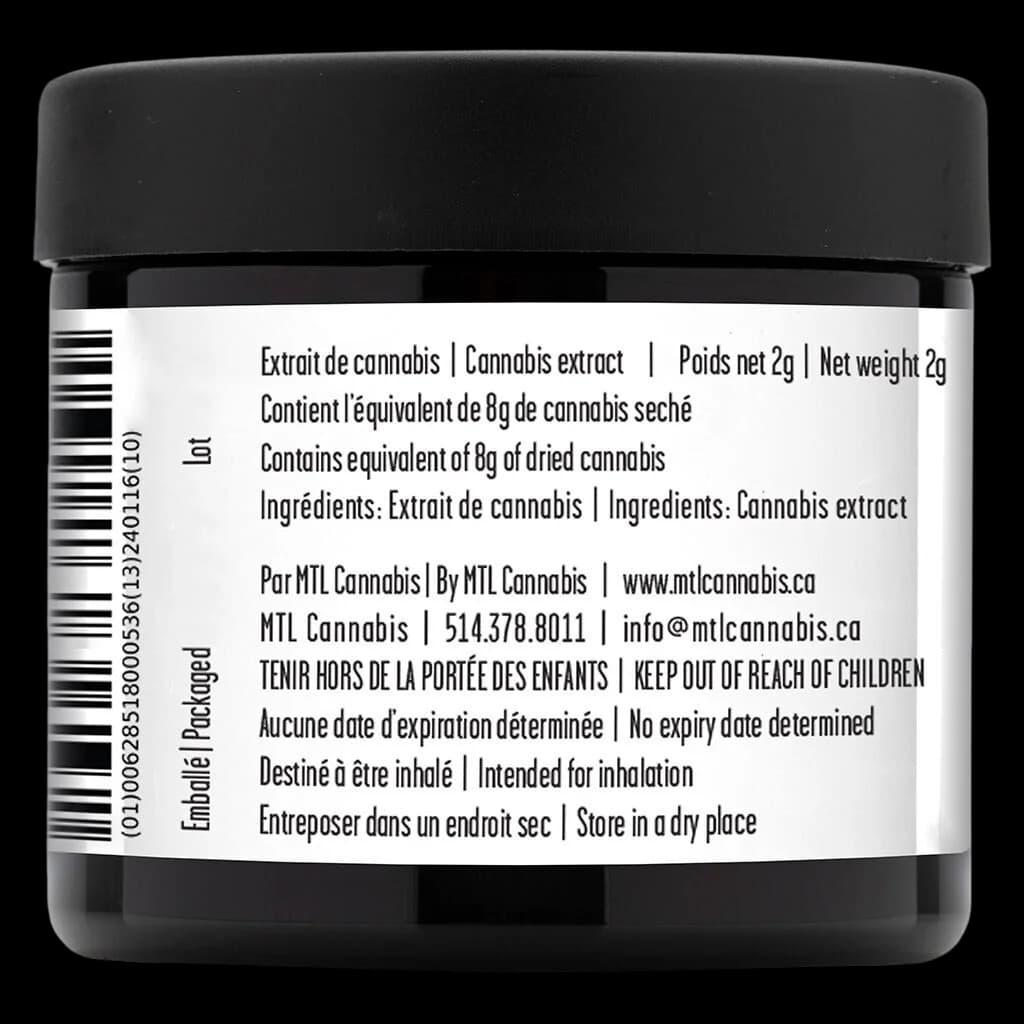 MTL Cannabis cannabis extract, 2g net weight jar with bilingual label showing ingredients and storage instructions
