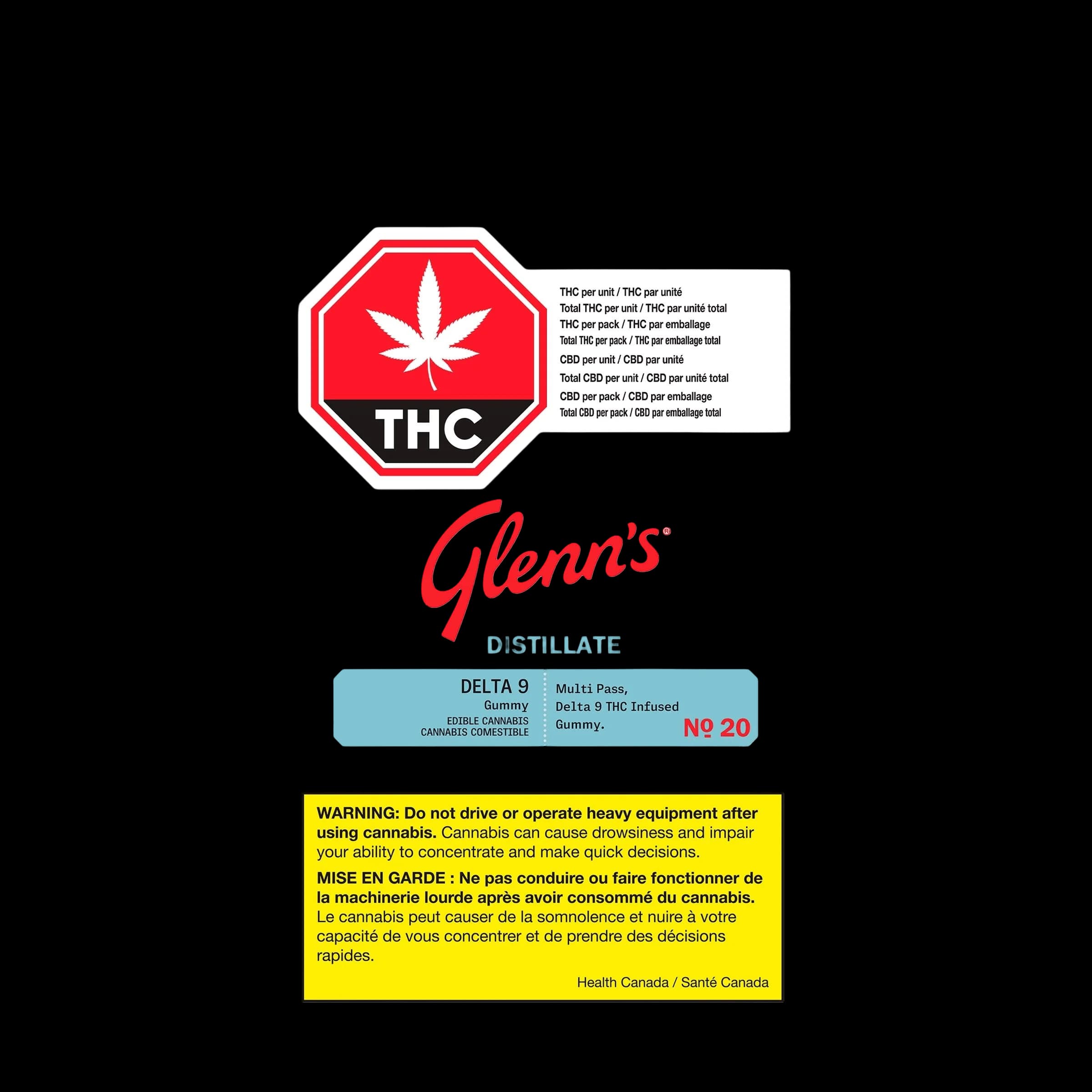 Glenn's Distillate Delta 9 No. 20 multi-pass gummy, THC cannabis edible with Health Canada warning label
