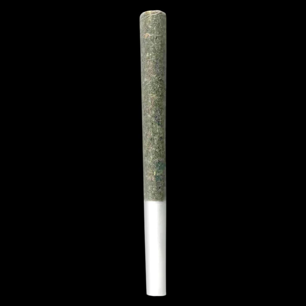 Irony Penny Puffer hash-infused pre-roll with green kief coating and white filter tip