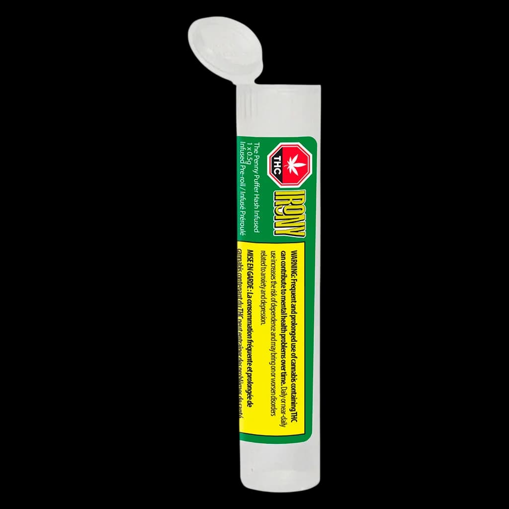 The Penny Puffer hash infused pre-roll in white tube packaging with green and yellow label featuring cannabis leaf logo