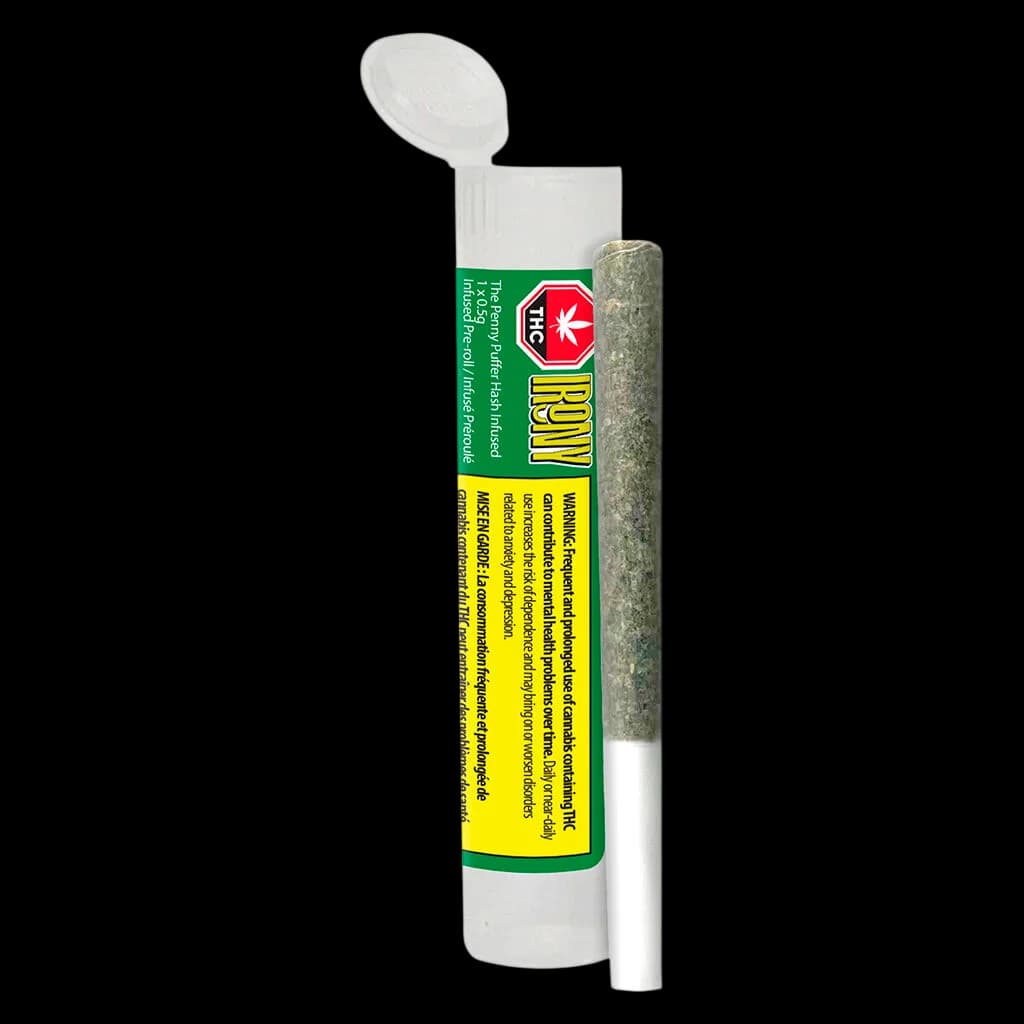 THC Bomb hash-infused pre-roll in white tube with attached spoon applicator and green packaging label