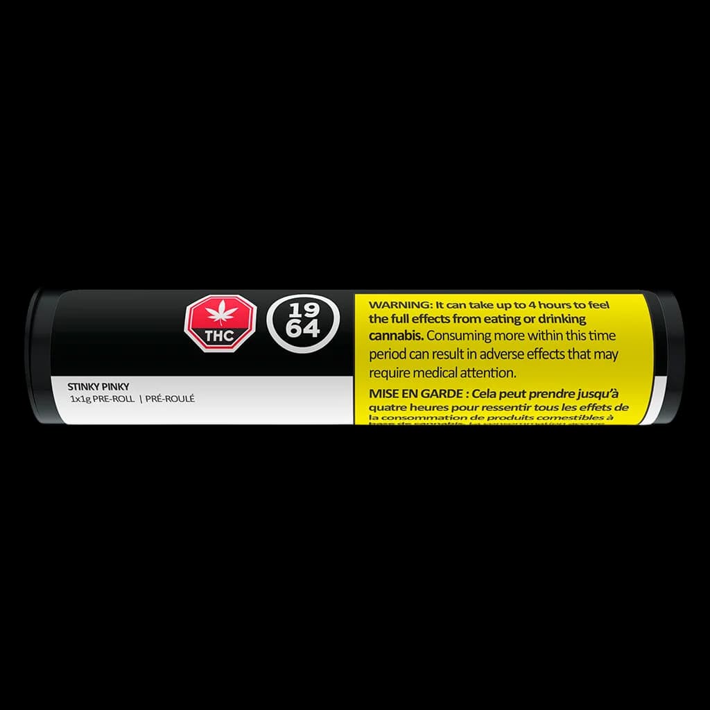 1964 Stinky Pinky pre-roll 1x1g cannabis tube with THC warning label and Health Canada messaging