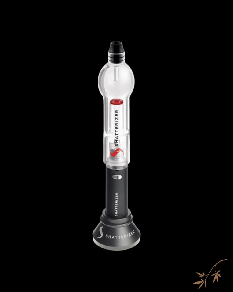Shatterizer cannabis vaporizer with clear glass chamber, black base and mouthpiece, red indicator lights visible
