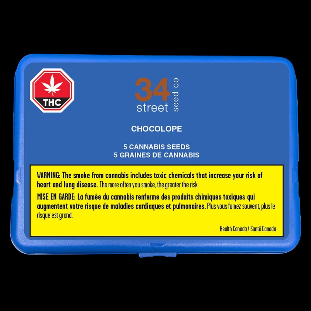 34 Street Seed Co. Chocolope cannabis seeds, 5-pack in blue container with THC warning label