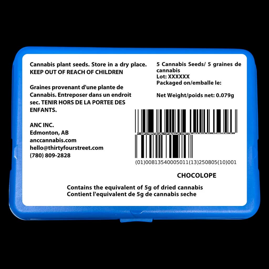 ANC Inc. Chocolope cannabis seeds, 5 pack, 0.079g net weight, blue packaging with bilingual label and barcode