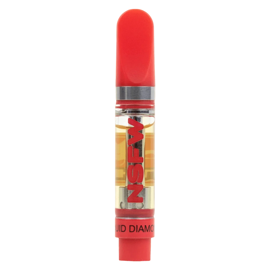 Jungle Tongue NSFW Liquid Diamond 510 thread cannabis vape cartridge with red mouthpiece and clear chamber showing golden oil