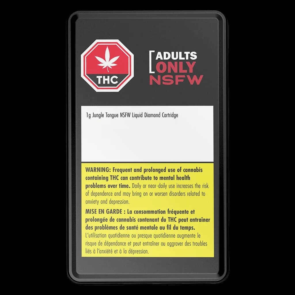 Jungle Tongue NSFW 1g Liquid Diamond cannabis vape cartridge package front with THC warning symbol and Health Canada bilingual warning label