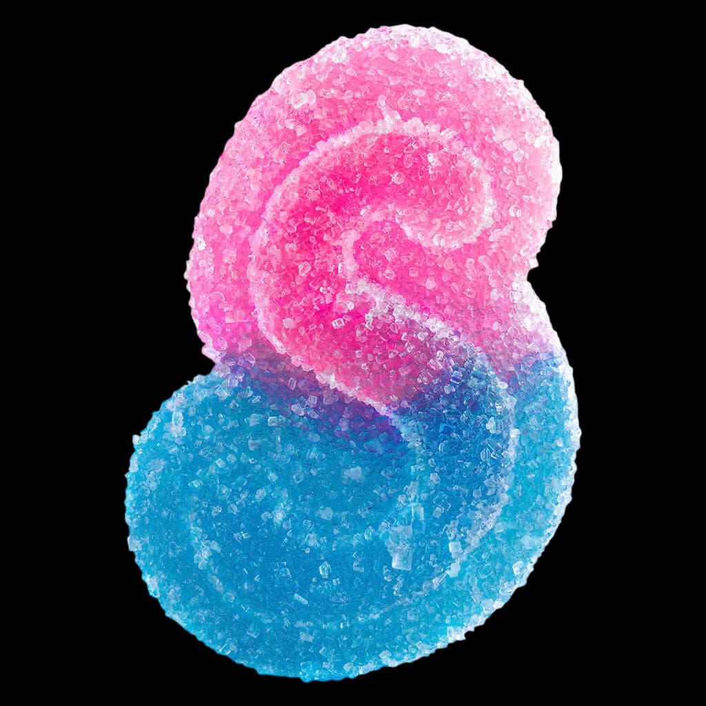 SOURZ by Spinach Fully Blasted Blue Raspberry Watermelon gummies, pink and blue sour-coated soft chews cannabis edible