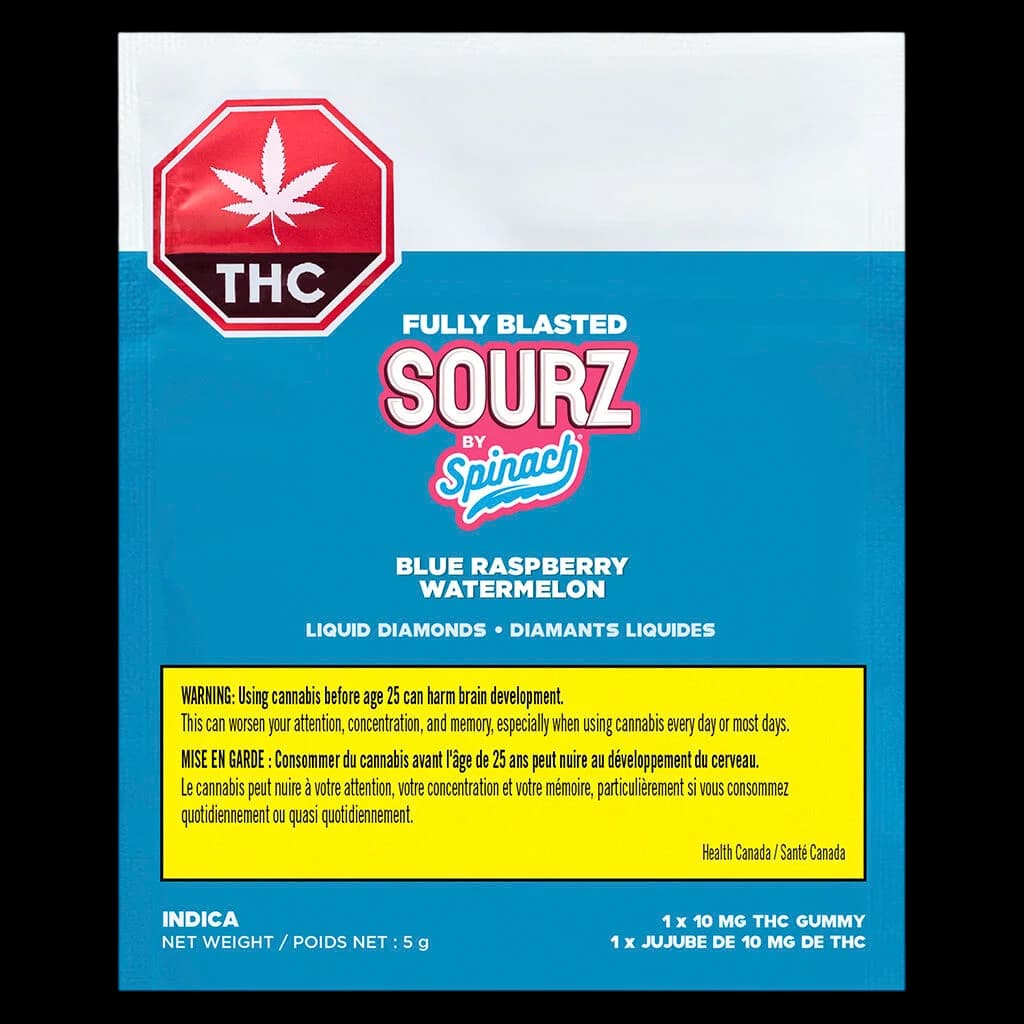 Fully Blasted Sourz by Spinach blue raspberry watermelon gummies, 10mg THC, indica, 5g package front