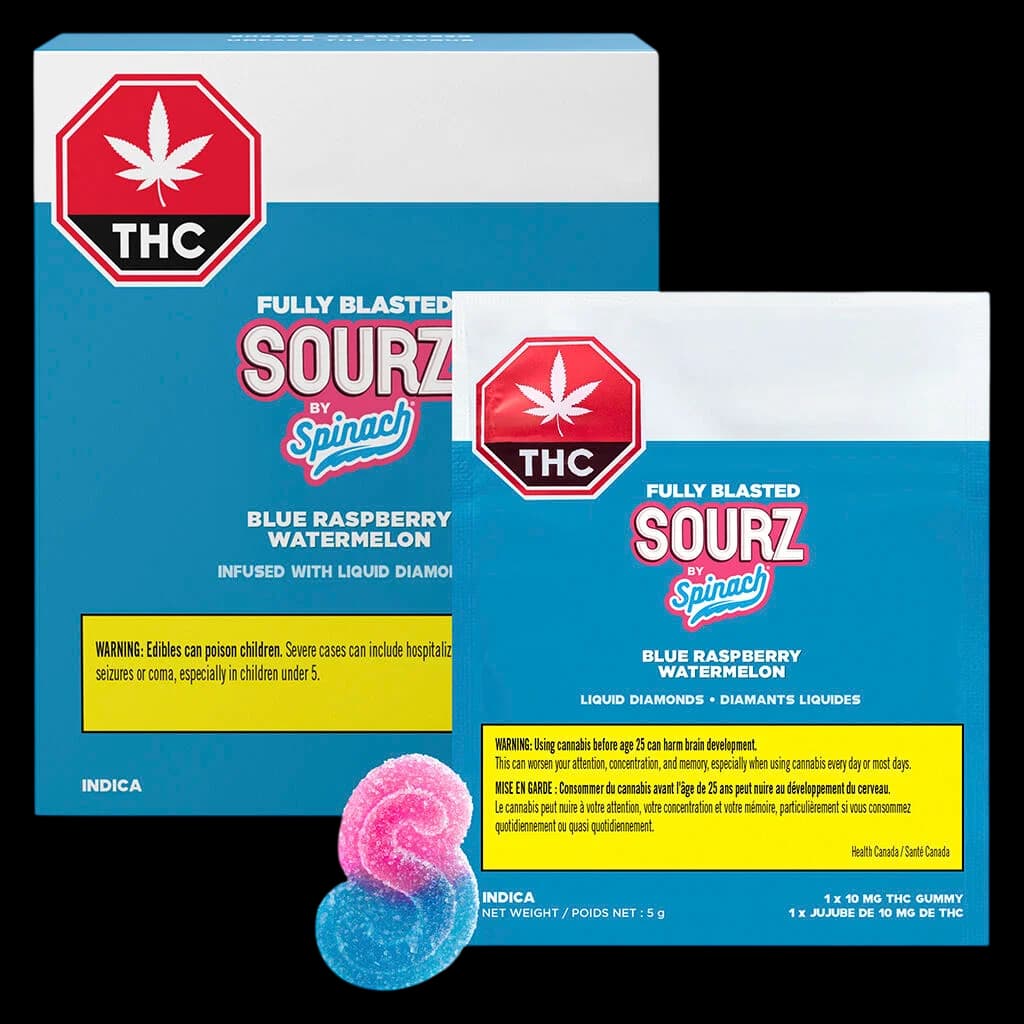 Fully Blasted Sourz by Spinach blue raspberry watermelon gummies, 10mg THC, with red THC warning symbol and Health Canada warning label visible