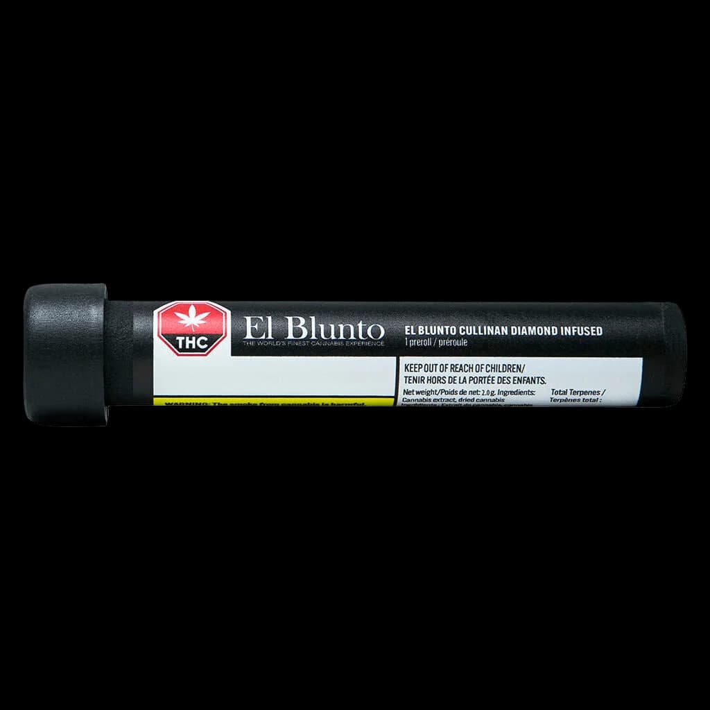 El Blunto Cullinan Diamond Infused pre-roll, 1g, black tube with red THC shield logo and product labeling