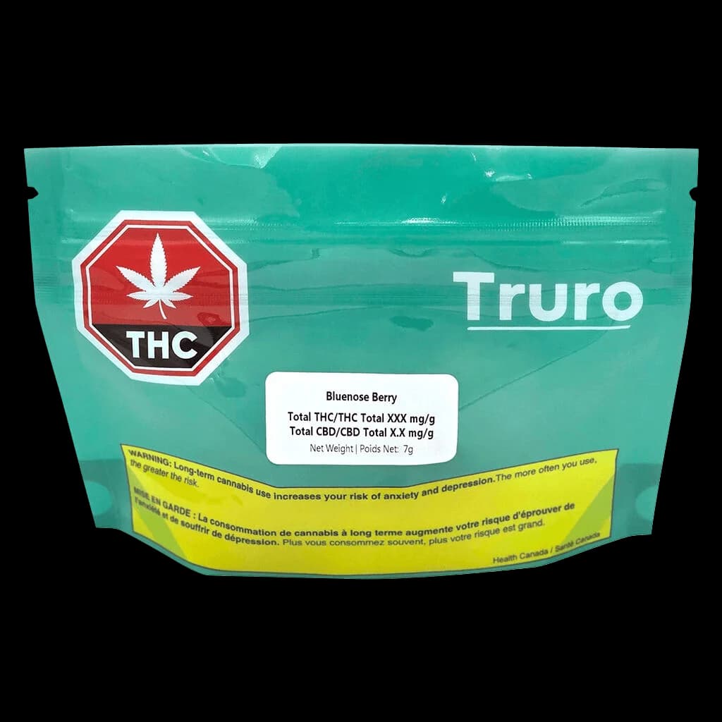 Truro Bluenose Berry 7g cannabis dried flower pouch with turquoise packaging, red THC symbol, and yellow Health Canada warning label