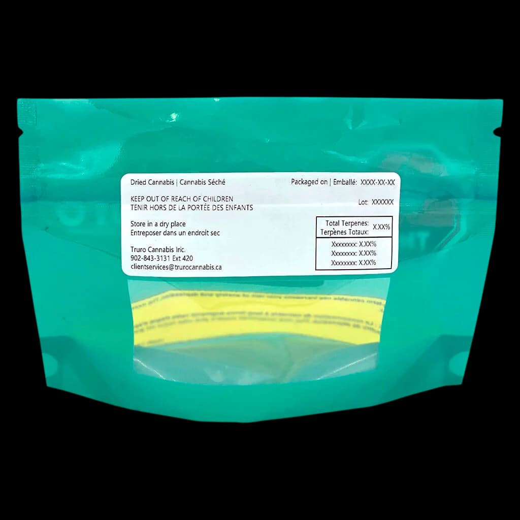 Truro Bluenose Berry dried cannabis flower in teal resealable pouch with yellow window showing product, regulatory label, and terpene information visible