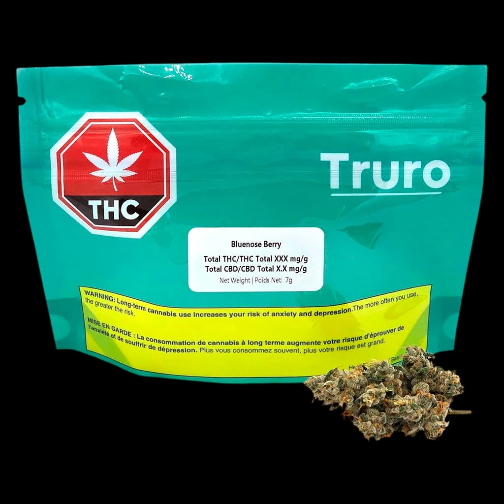 Truro Bluenose Berry 7g cannabis dried flower package with visible buds displayed in front