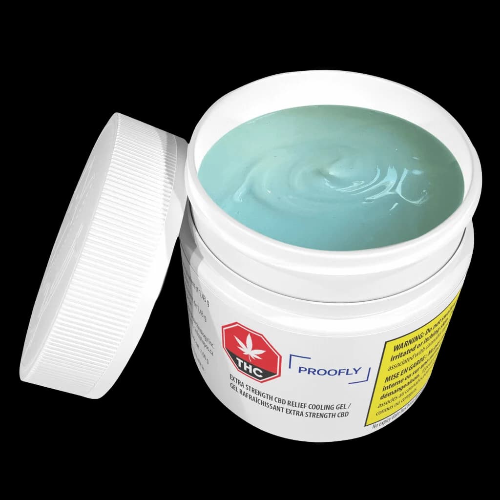 Proofly Extra Strength CBD Relief Cooling Gel in open white jar with turquoise gel visible and lid beside it