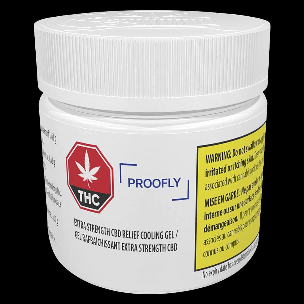 Proofly Extra Strength CBD Relief Cooling Gel jar with white cap and red THC symbol on front label