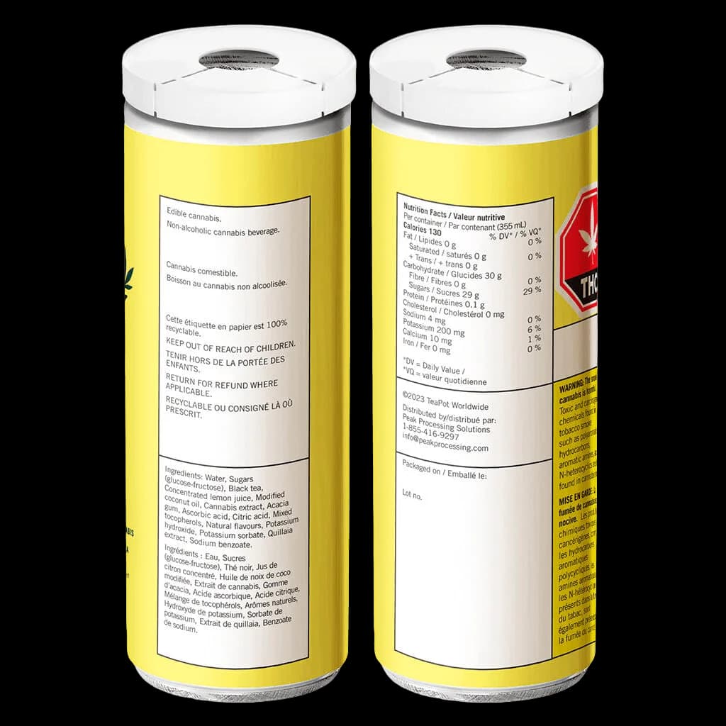 Two yellow cans of TeaPot Lemonade Iced Tea cannabis beverage showing front and back labels with nutrition facts and ingredients