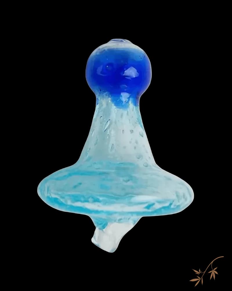 Blue and clear glass cannabis pipe with bulbous top and wide disc-shaped base