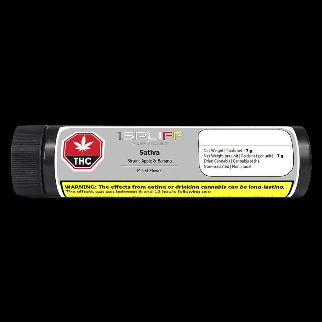 1Spliff Pure Milled Apple & Banana Sativa milled flower, 7g, with THC warning label and Health Canada regulations on tube packaging
