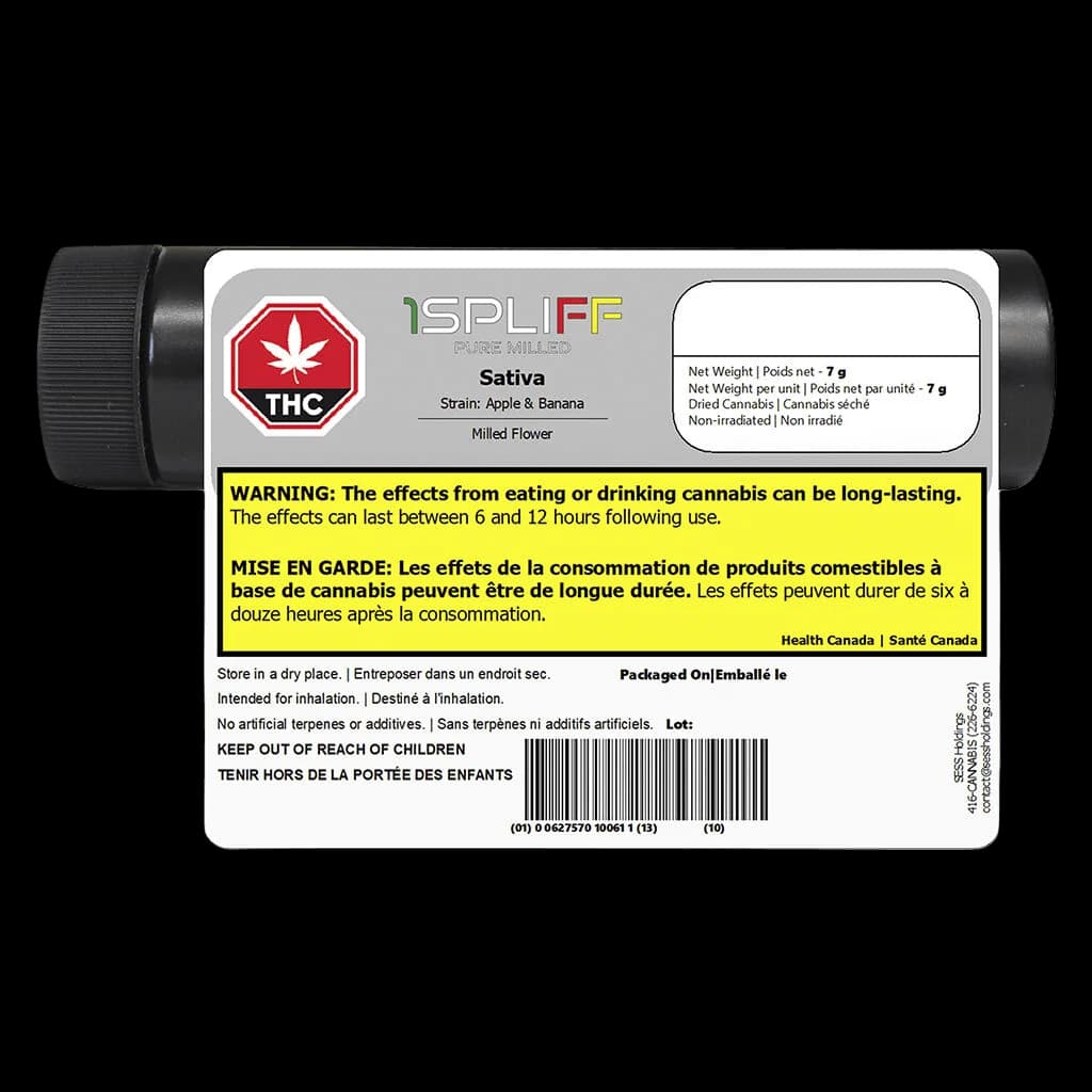 1Spliff Pure Milled Apple & Banana Sativa milled flower, 7g jar with black cap, front label showing THC symbol and Health Canada warning