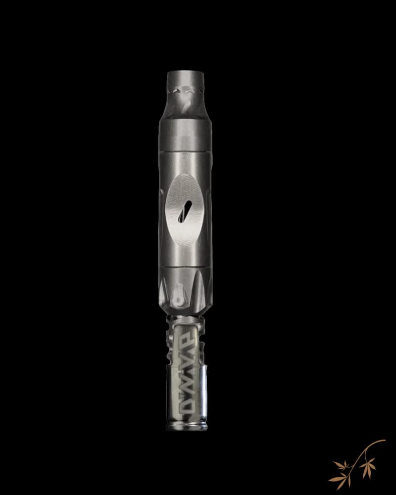 Dynavap Vong (i) desktop vaporizer with stainless steel cap and mouthpiece, assembled on white background