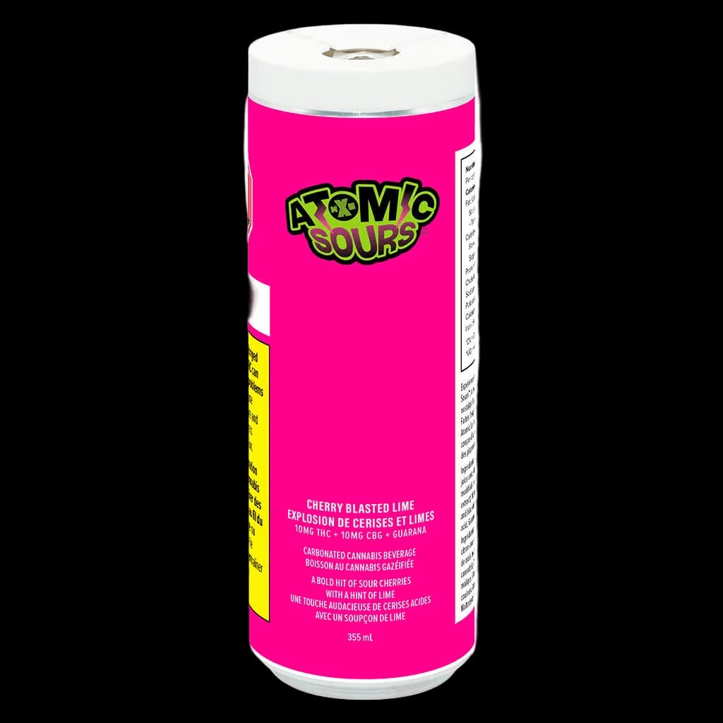Atomic Sours Cherry Blasted Lime 355ml cannabis beverage can with bright pink label and lime green branding