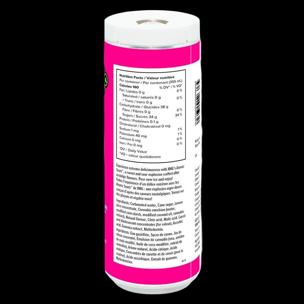 XMG Atomic Sours Cherry Blasted Lime cannabis beverage, 355mL can with nutrition facts and bilingual ingredients label