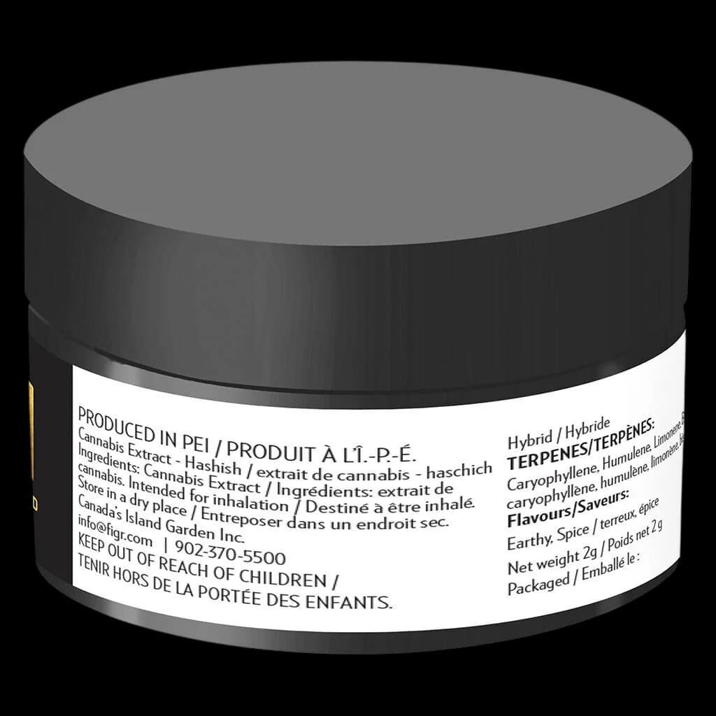 FIGR Coastal Gold hash concentrate in 2g black glass jar with regulatory label showing hybrid terpene profile and earthy spice flavour