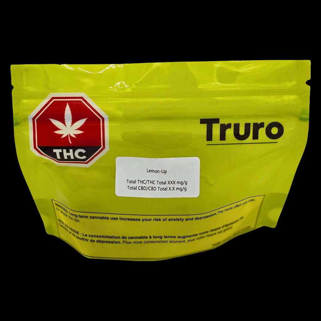 Truro Lemon-Up cannabis dried flower pouch, bright yellow packaging with red THC logo and strain name