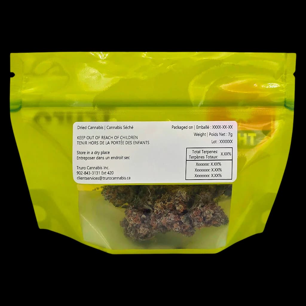 Truro Lemon-Up dried flower cannabis in 7g resealable pouch with visible buds and regulatory label