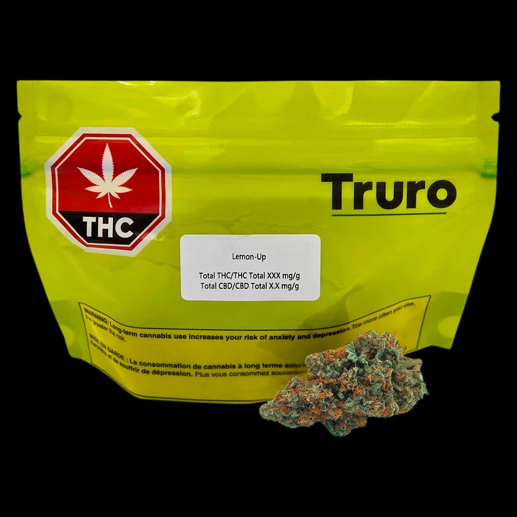 Truro Lemon-Up cannabis dried flower with lime-green pouch packaging featuring red THC symbol and health warning labels