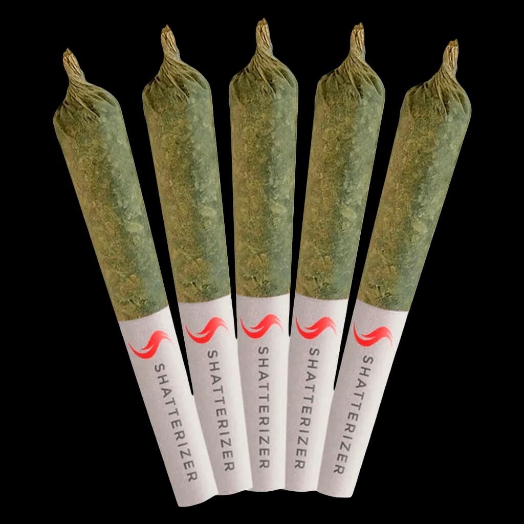 Shatterizer Shatter Infused Pre-Roll 5-pack with twisted paper cones filled with cannabis flower and shatter concentrate