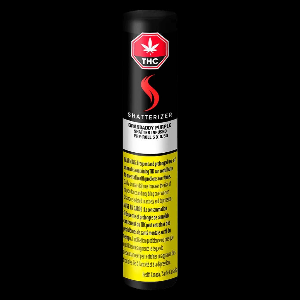 Shatterizer Grandaddy Purple Shatter Infused Pre-Roll 5 x 0.5g package with THC warning symbol and Health Canada label