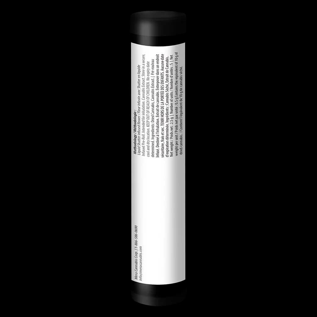 Shatterizer Granddaddy Purple Shatter Infused Pre-Roll tube with black cap and white label showing product information