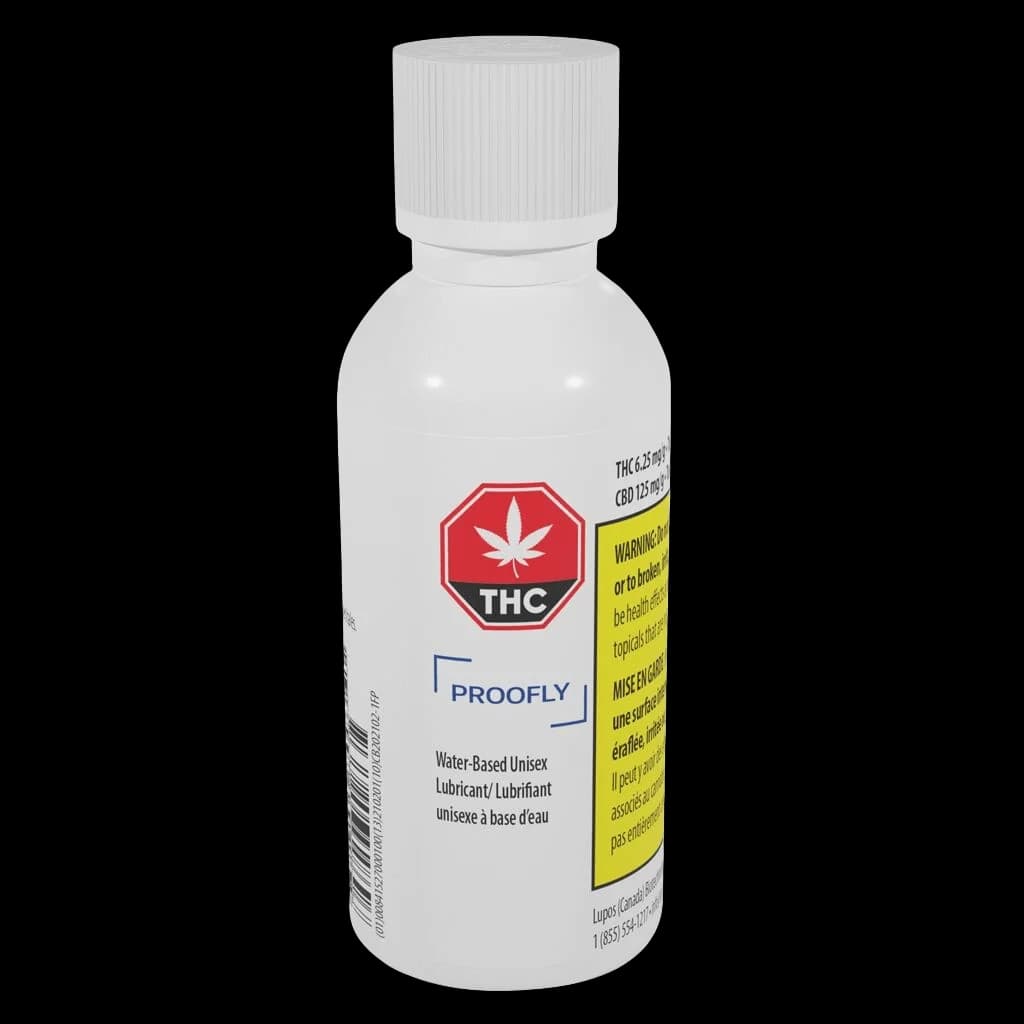 Proofly water-based unisex lubricant bottle with THC warning label and product information visible on front packaging