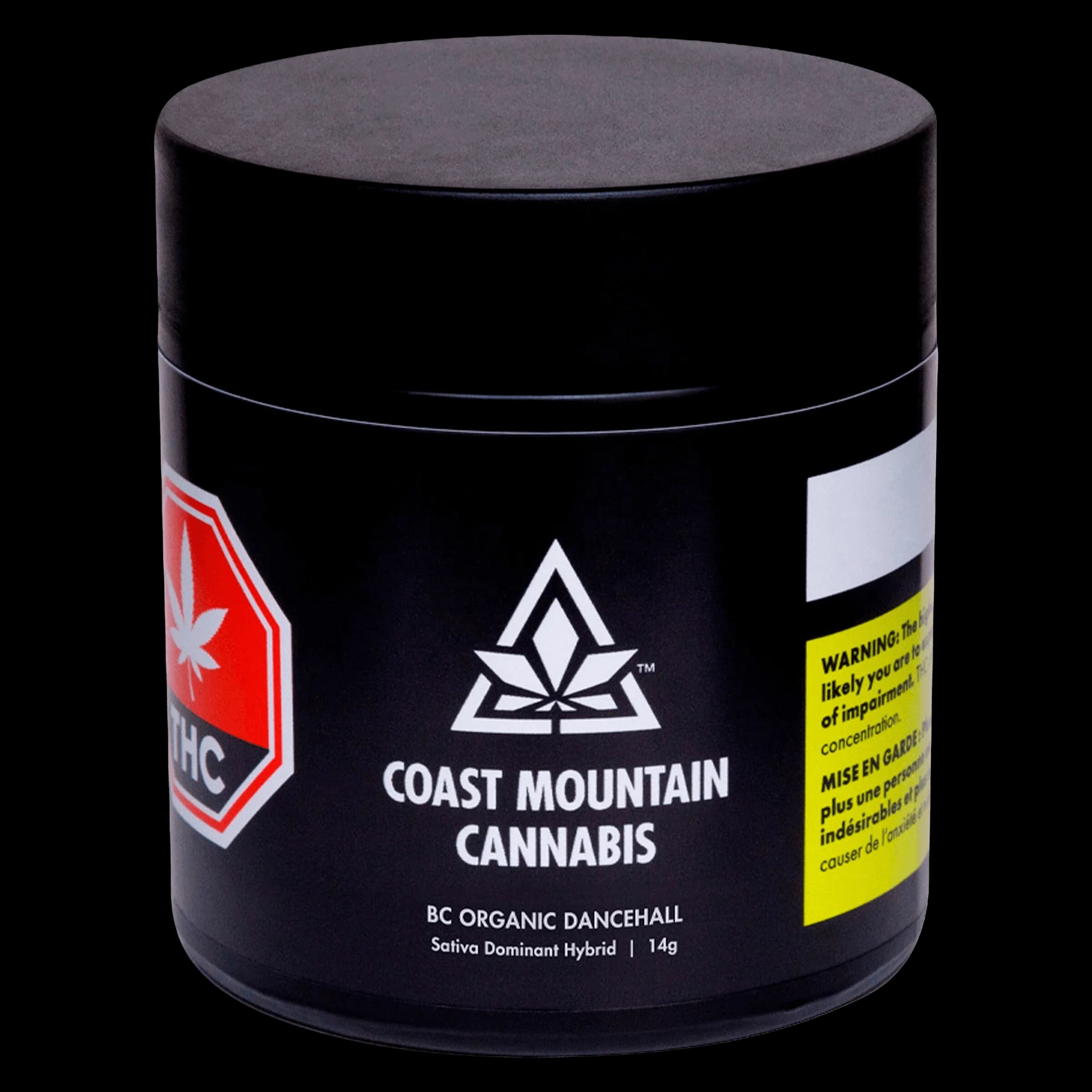 Coast Mountain Cannabis BC Organic Dancehall 14g dried flower jar with black container and yellow warning label