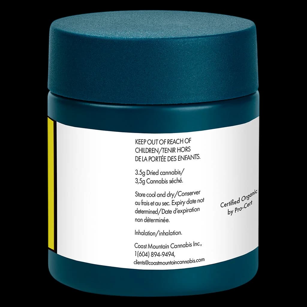 Coast Mountain Cannabis BC Organic Dancehall 3.5g dried flower jar with teal cap and white label