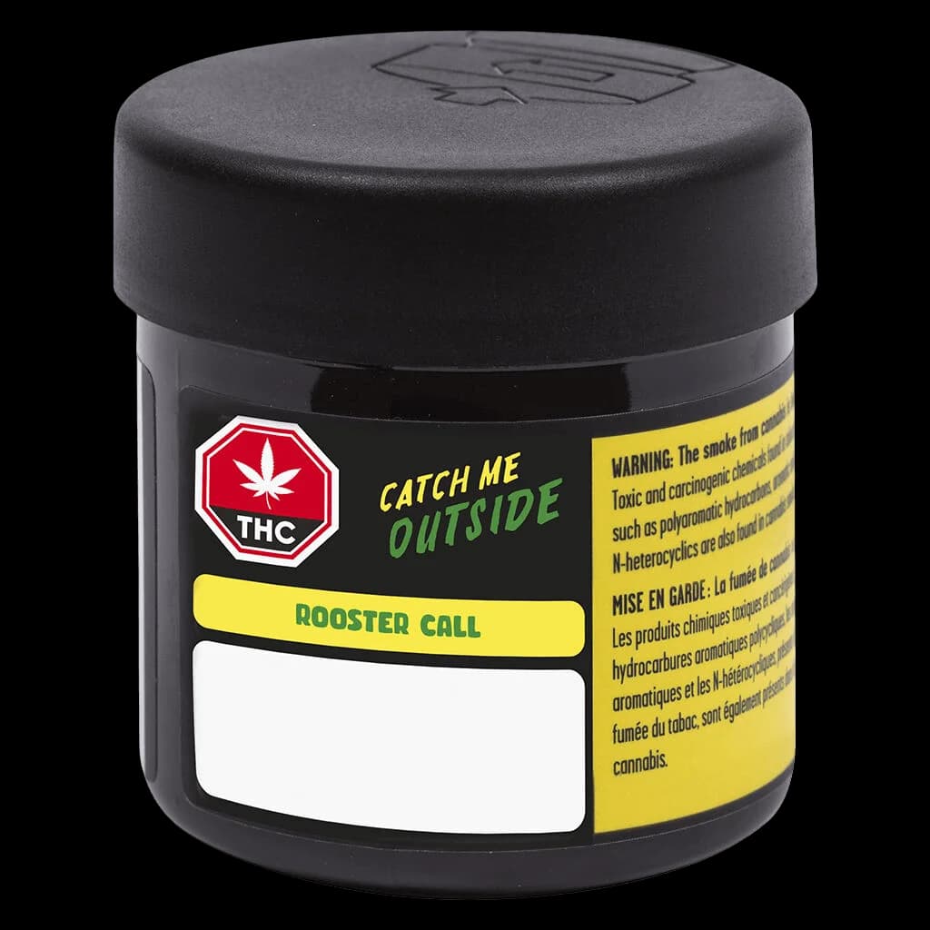 Catch Me Outside Rooster Call cannabis dried flower in black glass jar with black cap and yellow warning label