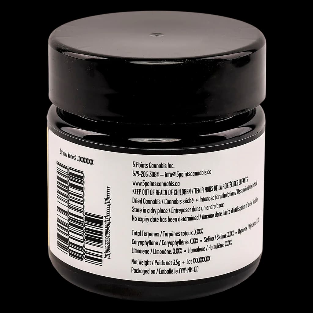 Catch Me Outside Rooster Call 3.5g dried cannabis flower in black glass jar with white label showing terpene profile and regulatory information