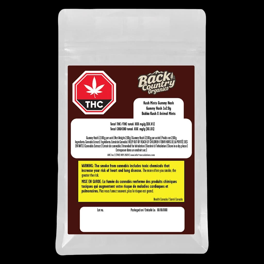 Back Country Organics Kush Hints Gummy Hash 1x2.0g package with THC warning symbol and Health Canada warning label