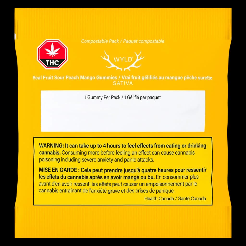 Wyld Real Fruit Sour Peach Mango Gummies package front, sativa variety, 1 gummy per pack, compostable packaging with Health Canada warning label