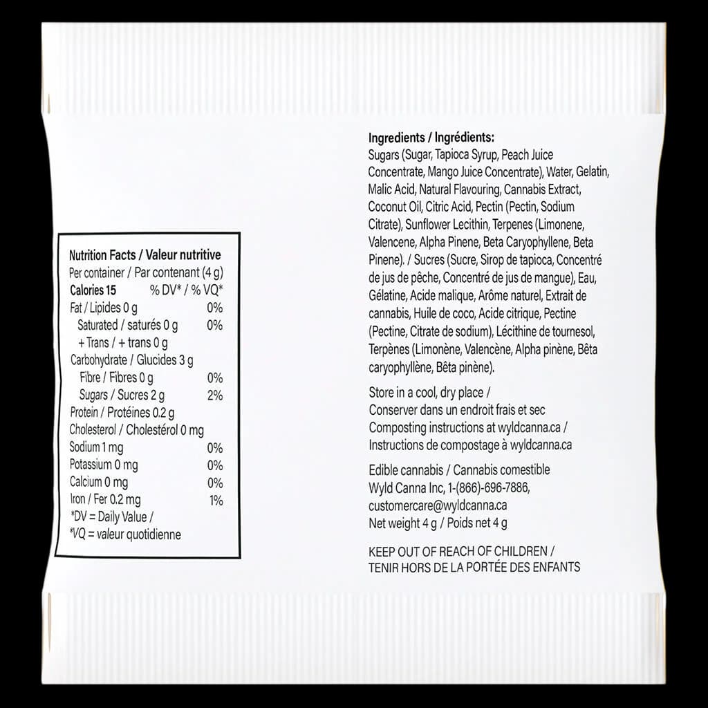 Wyld Real Fruit Sour Peach Mango 3:1 CBG:THC gummies back label showing nutrition facts, ingredients, and cannabis extract details, 4g net weight
