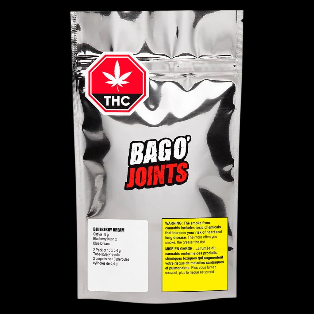 Bago Joints Blueberry Dream pre-roll pack, 2-pack of 10 tube-style 0.4g pre-rolls with THC label