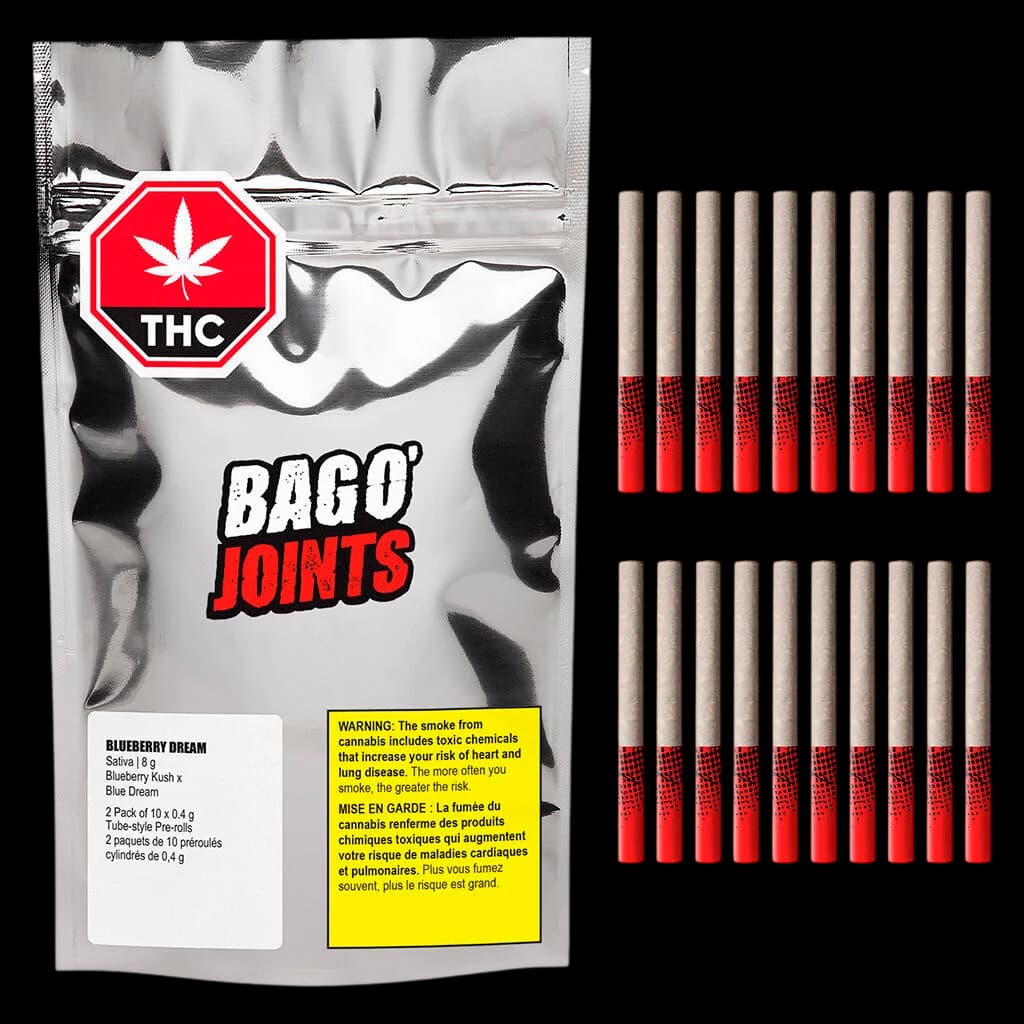 Bago Joints Blueberry Dream 2-pack of 10 tube-style pre-rolls, 0.4g each, with red and natural paper packaging displayed