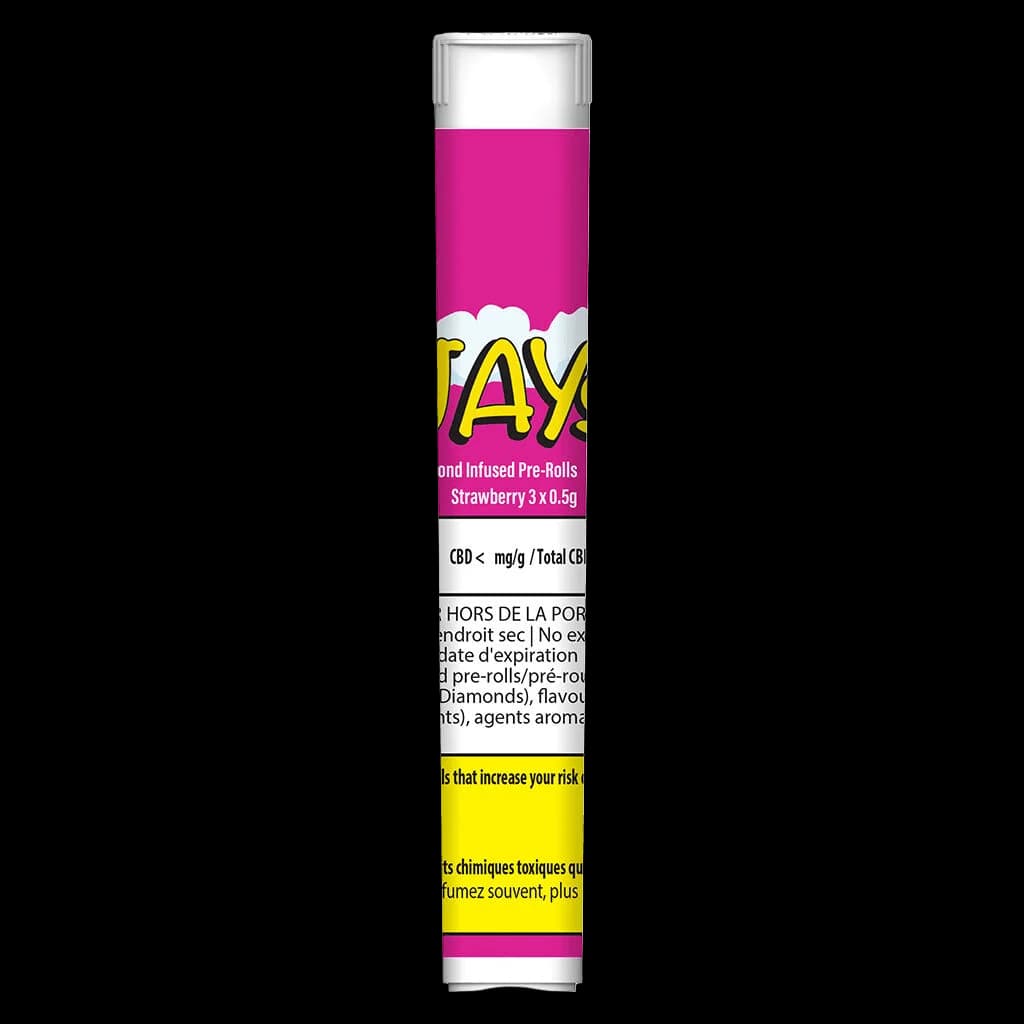 JAYS Diamond Infused Pre-Rolls Strawberry 3 x 0.5g pack with magenta and yellow branding and Health Canada warning labels