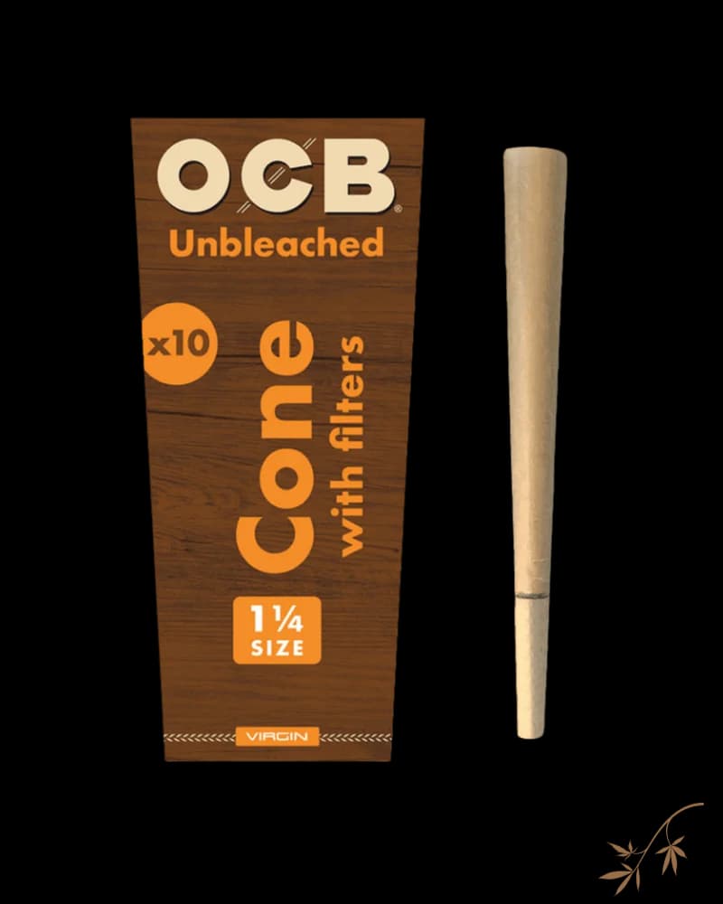 OCB Virgin Unbleached 1 1/4 size pre-rolled cones with filters, 10-pack, displayed with packaging and single cone