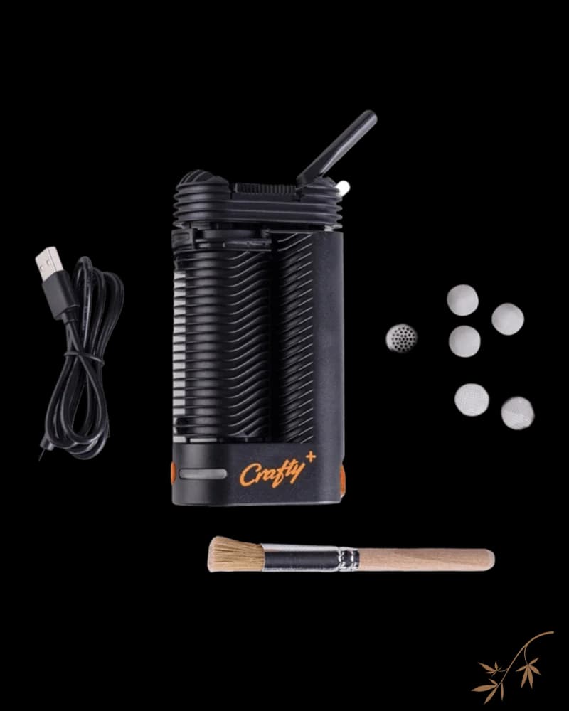 Storz & Bickel Crafty+ vaporizer with USB charging cable, mesh screens, and cleaning brush