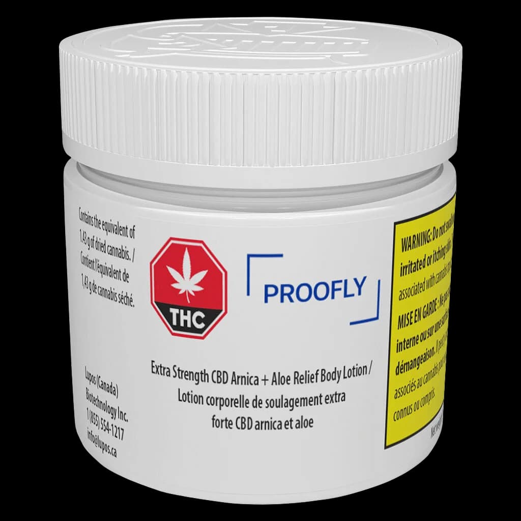 PROOFLY Extra Strength CBD Arnica + Aloe Relief Body Lotion jar with white cap and yellow Health Canada warning label