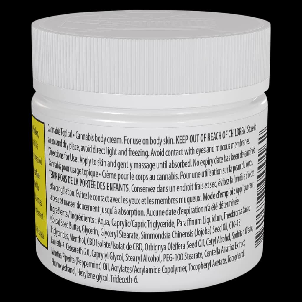 PROOFLY Extra Strength CBD Arnica + Aloe Relief Body Lotion jar with white cap and yellow label showing product information and ingredients