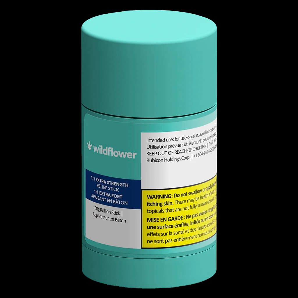 Wildflower 1:1 Extra Strength Relief Stick, 60g roll-on topical in turquoise packaging with warning labels